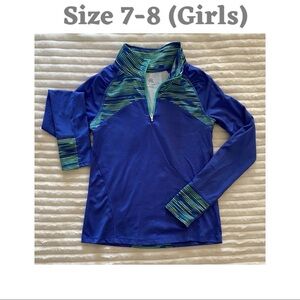 Champion Girls Blue Green Striped Pullover T-Shirt Zip Neck Long Sleeve Size 7-8